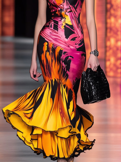 Elegant and Charming Pink, Orange and Black Abstract Printed Sleeveless Fishtail Maxi Dress