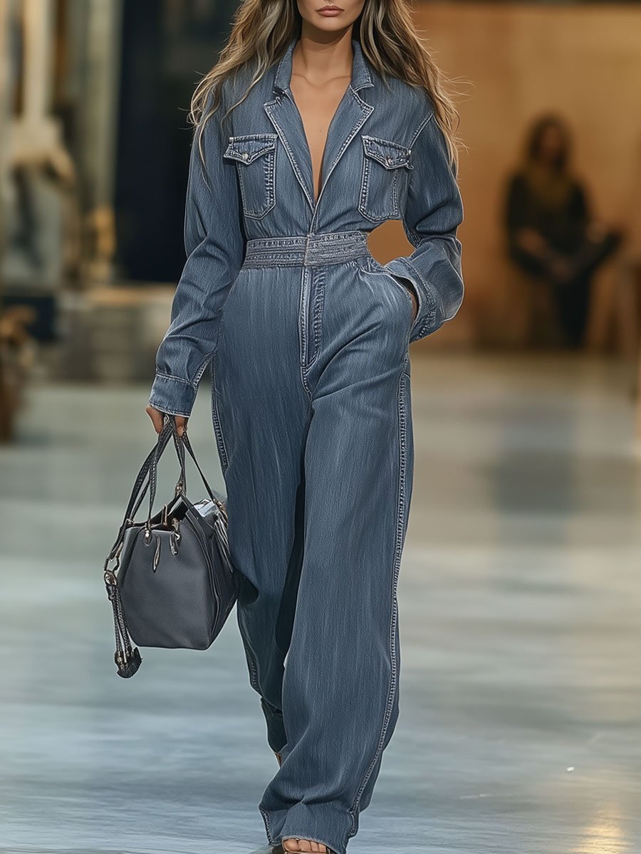 Casual Loose Solid Color Multi-Pocket Long Sleeve Denim Jumpsuit