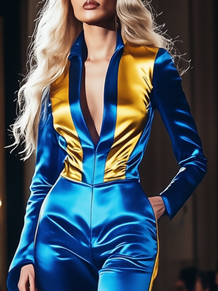 Retro High-End Fashionable Yellow And Blue Contrast Satin Jumpsuit