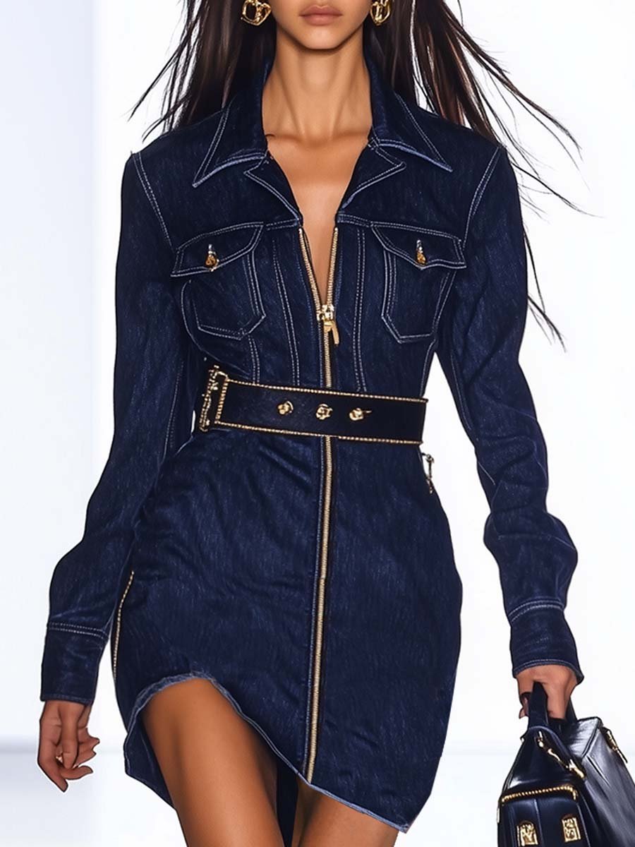 TrendyFashionFrontZipperBeltDarkBlueDenimMiniDress