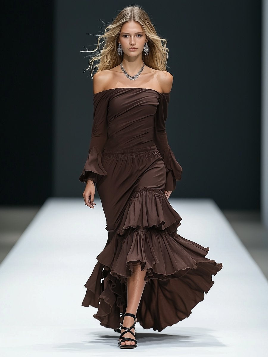 Retro Elegant Fashion Ruffle Hem Brown Midi Dress