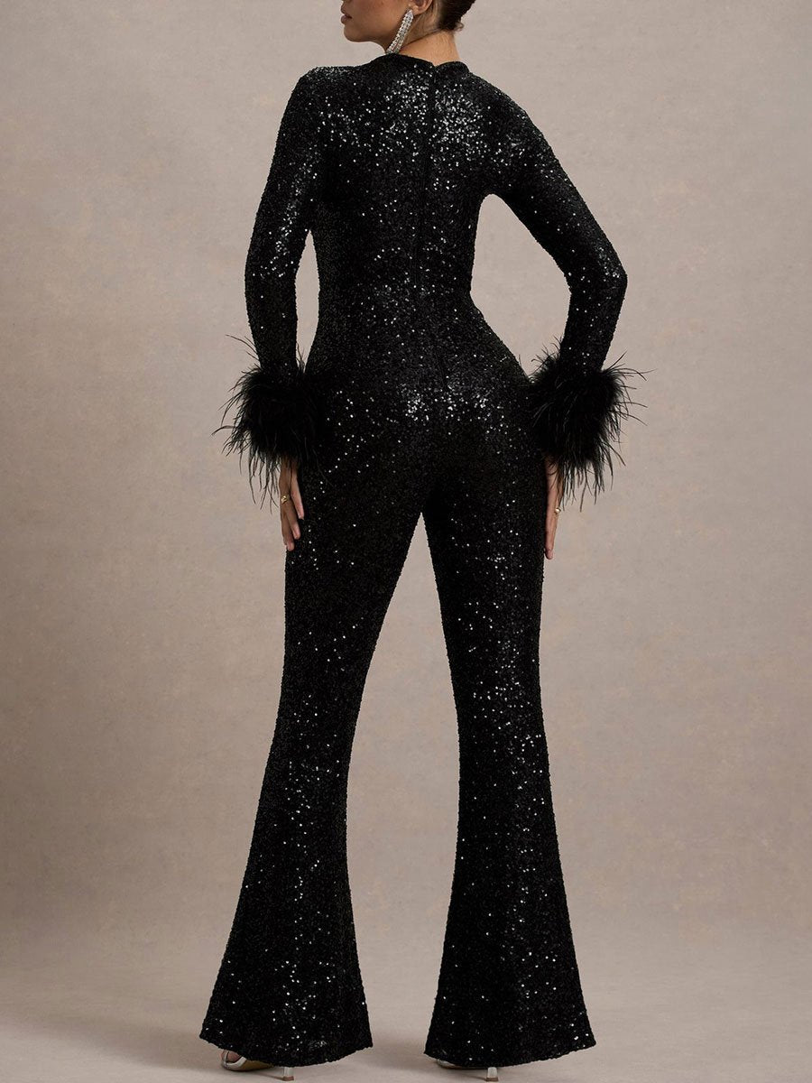 Fashion Party Sequin Feather Stitching Round Neck Long Sleeve Flared Jumpsuit