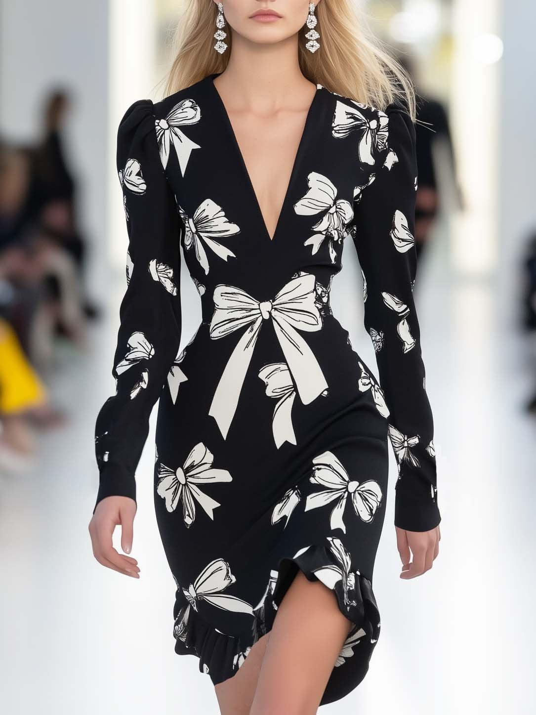 Fashion Bow Printed Black Long Sleeve Mini Dress