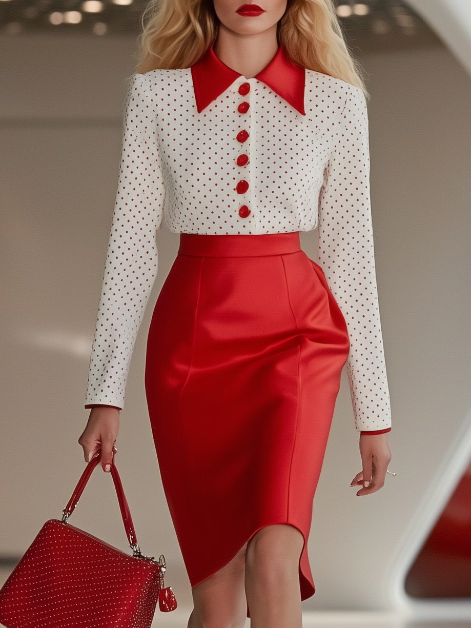 Retro Red Polka Dot Long Sleeve Shirt Skirt Set