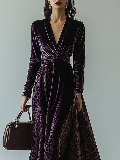 V-Neck Vintage Velvet Leopard Print Long-Sleeved Maxi Dress