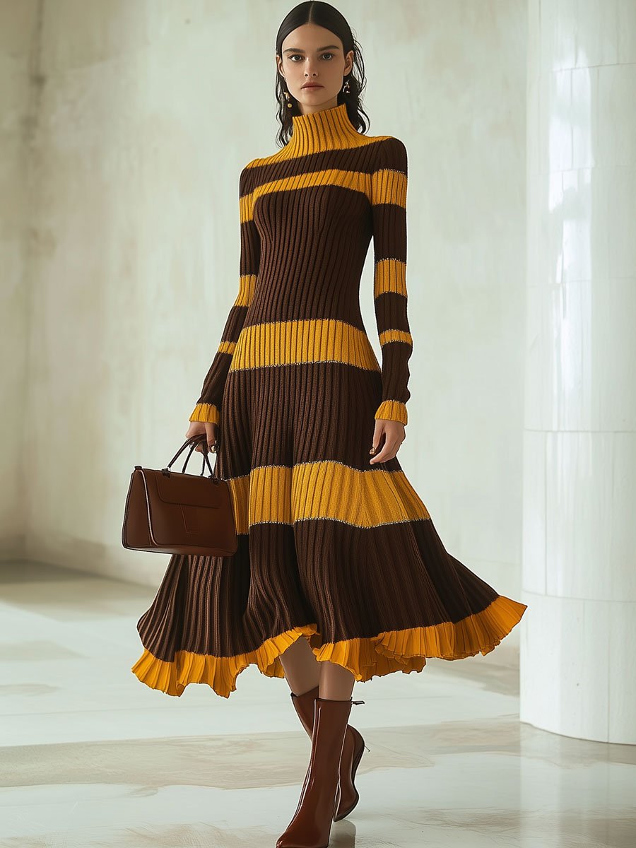 Fashion Retro Striped Knitted Turtleneck Long Sleeve Midi Dress