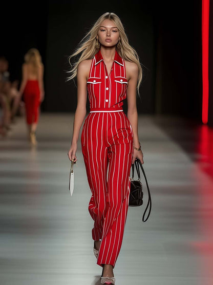 Elegant and Stylish Sleeveless Striped Red Jumpsuit