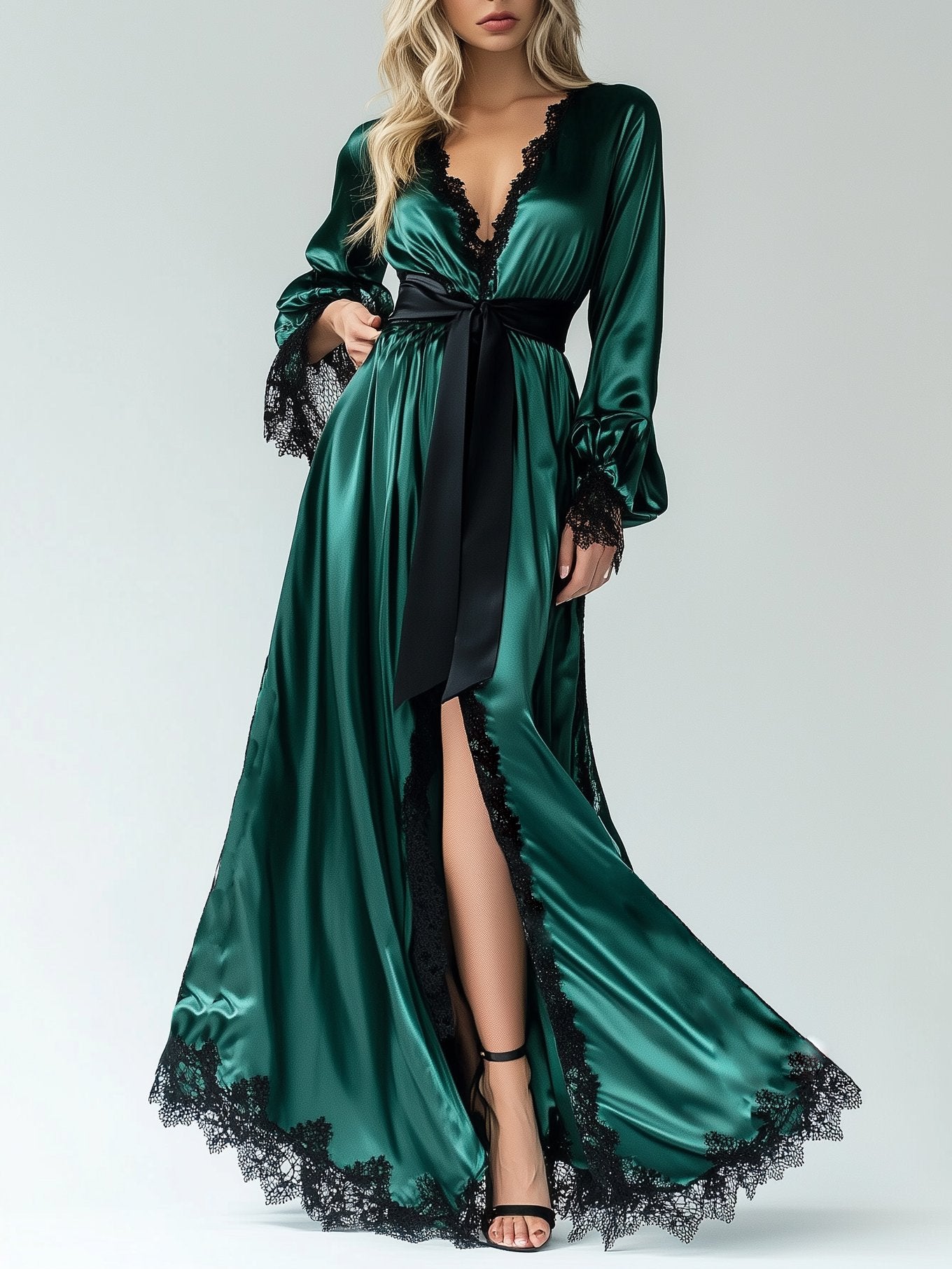 Elegant Satin Robe-Style Lace Trim Long Sleeve Maxi Dress