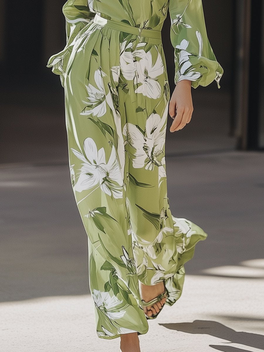 Casual and Loose Lapel Green Chiffon Print Long-sleeved Jumpsuit