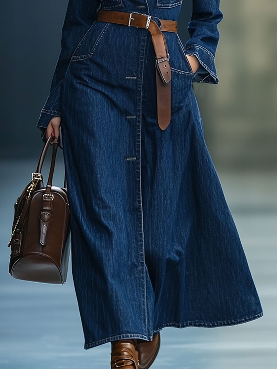 Casual Loose Retro Multi-Pocket Long Dress-Style Denim Trench Coat