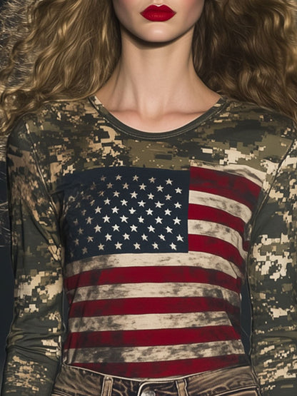 Casual Loose Round Neck Camouflage Flag Print Long Sleeve T-Shirt