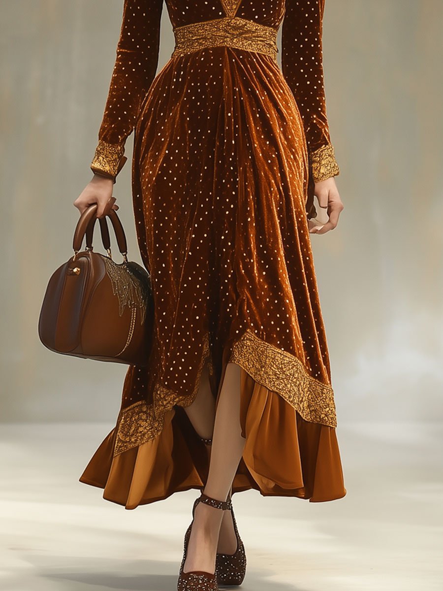 Fashion Retro V-neck Lace Splicing Long Sleeve Maxi Dress