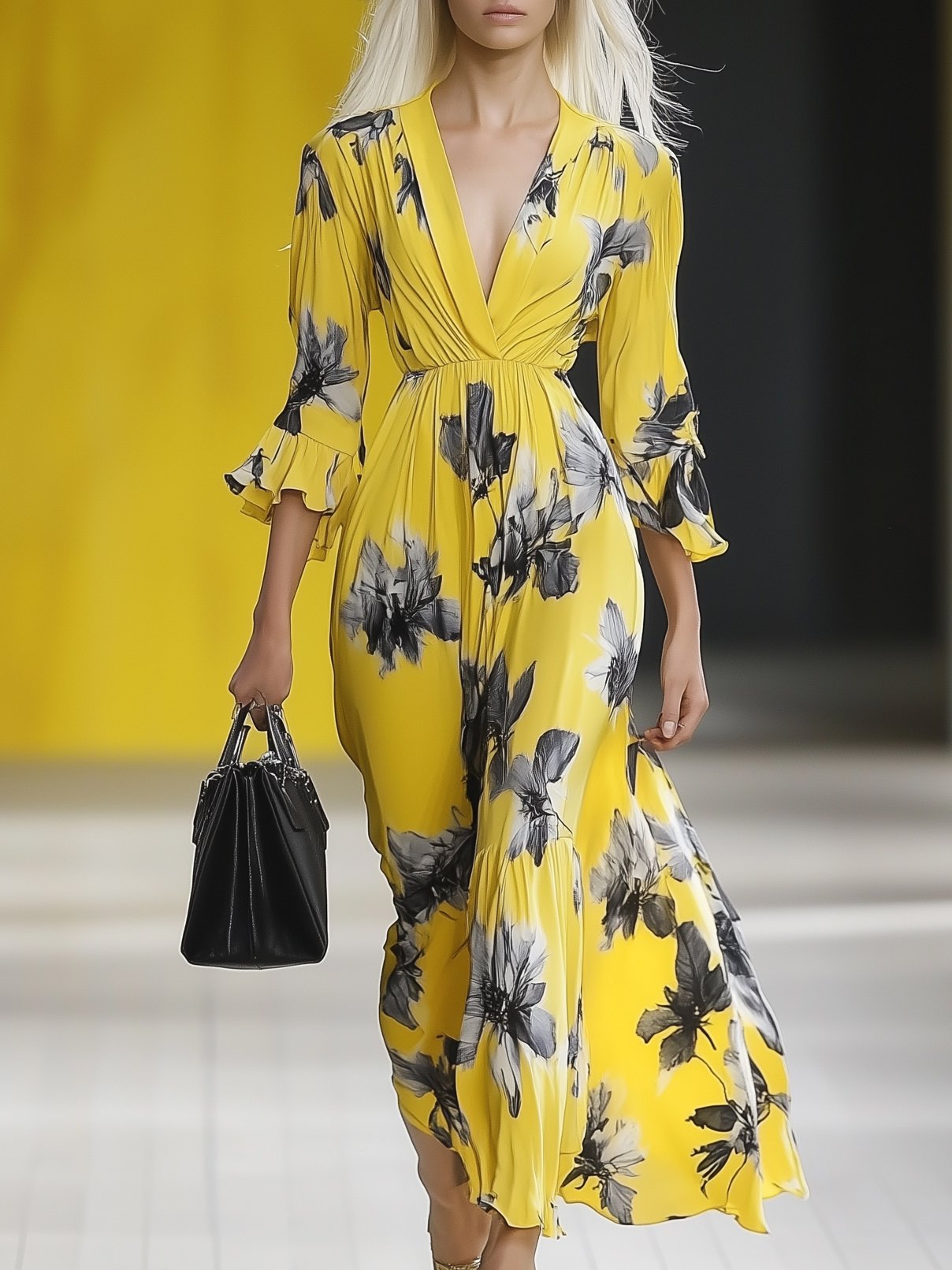 Romantic V-Neck Printed Yellow Long-Sleeved Maxi Dress