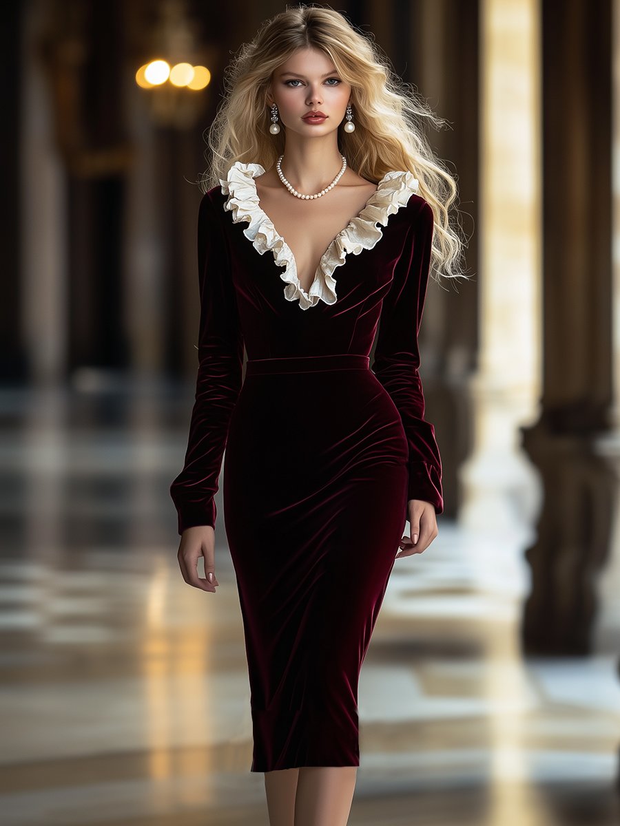 High-End Fashion V-Neck Ruffled Velvet Midi Dress