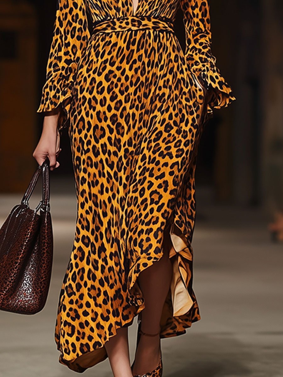 V-Neck Fashion Party Leopard Print Velvet Pocket Long Sleeve Midi Dress