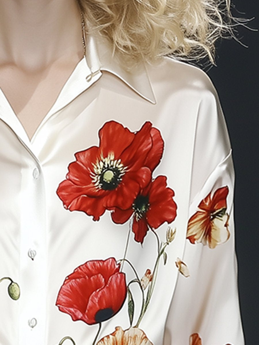 Retro Trendy Textured Poppy Print Satin Shirt