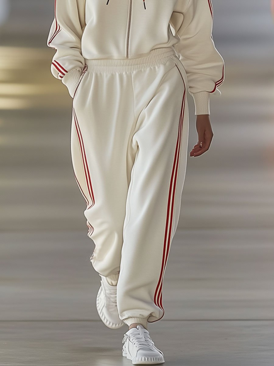 Loose Casual Red Striped Off-White Zipper Hooded Sports Jumpsuit