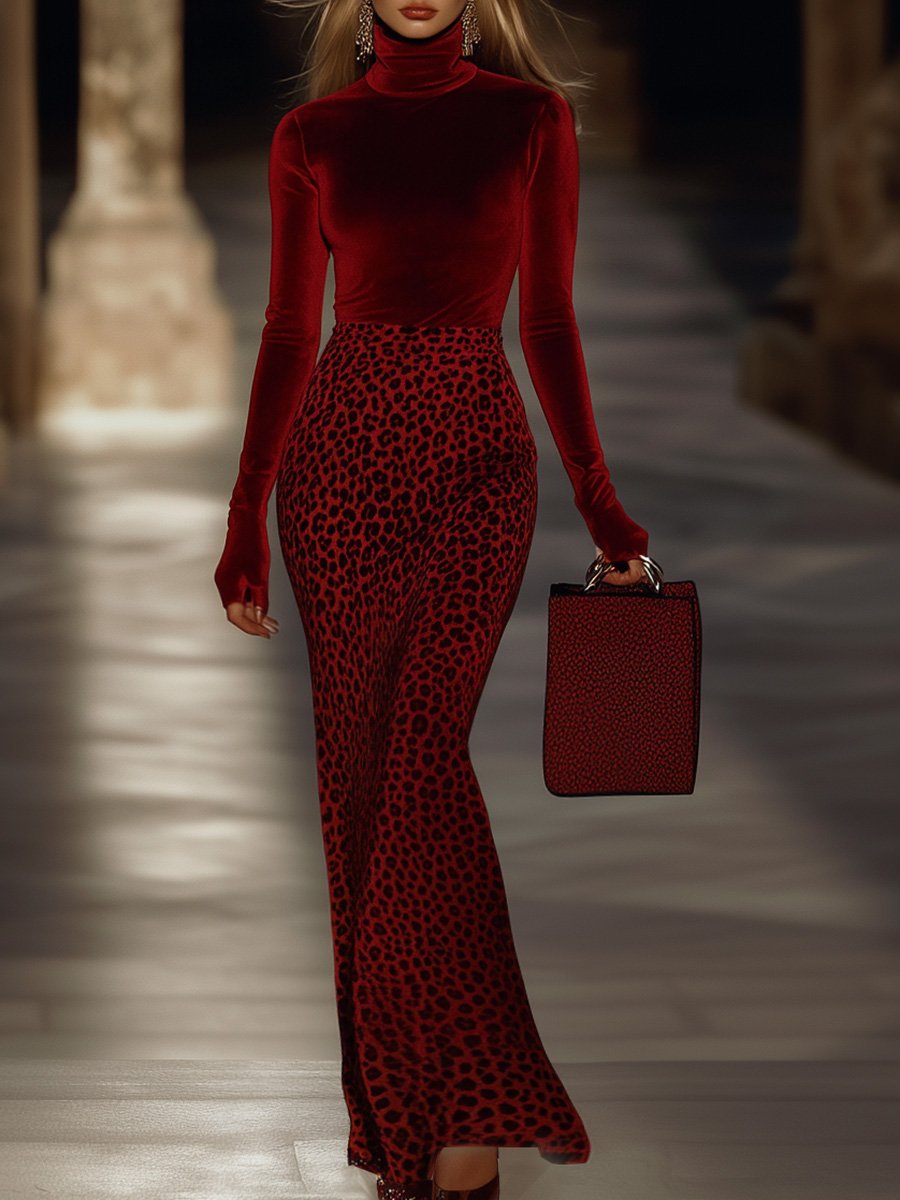 Elegant and Wild Coexist High Collar Slim Fit Red Velvet Stitching with The Same Color Leopard Print Maxi Dress