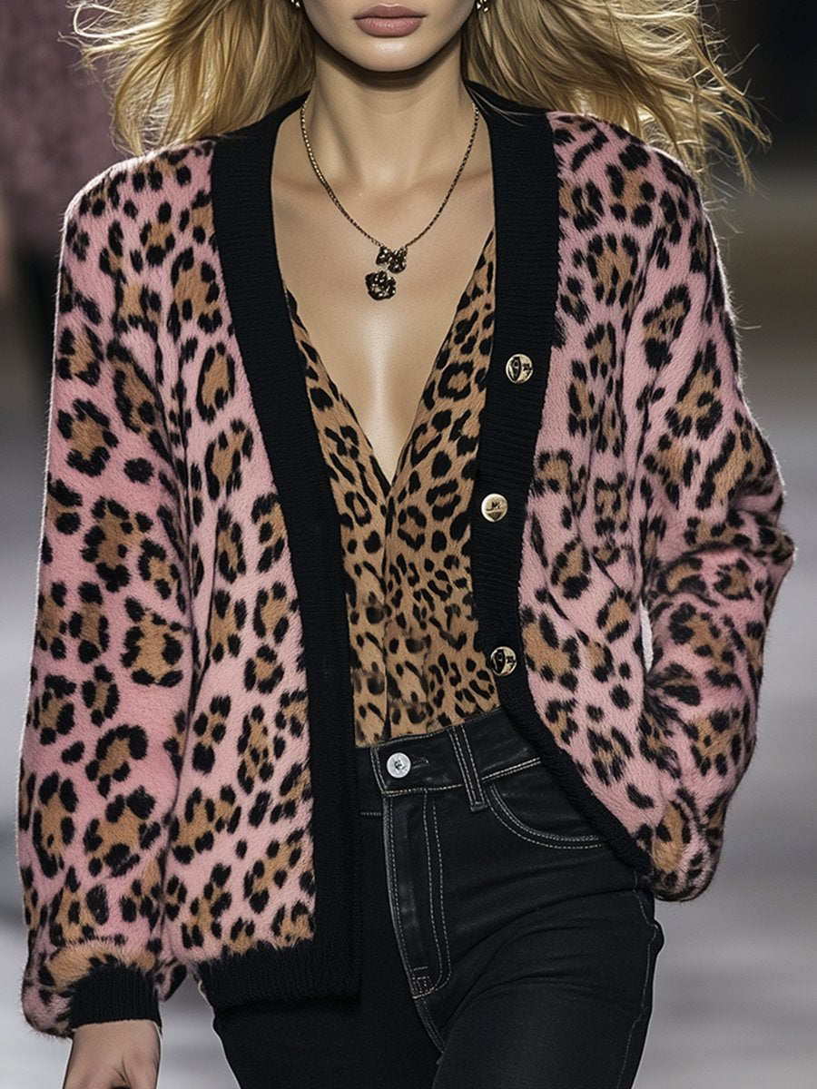 Retro Loose Lazy Style V-Neck Leopard Print Knit Cardigan