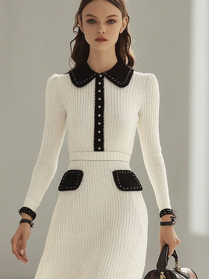 Fashion Retro Knitted Colorblock Long Sleeve Midi Dress