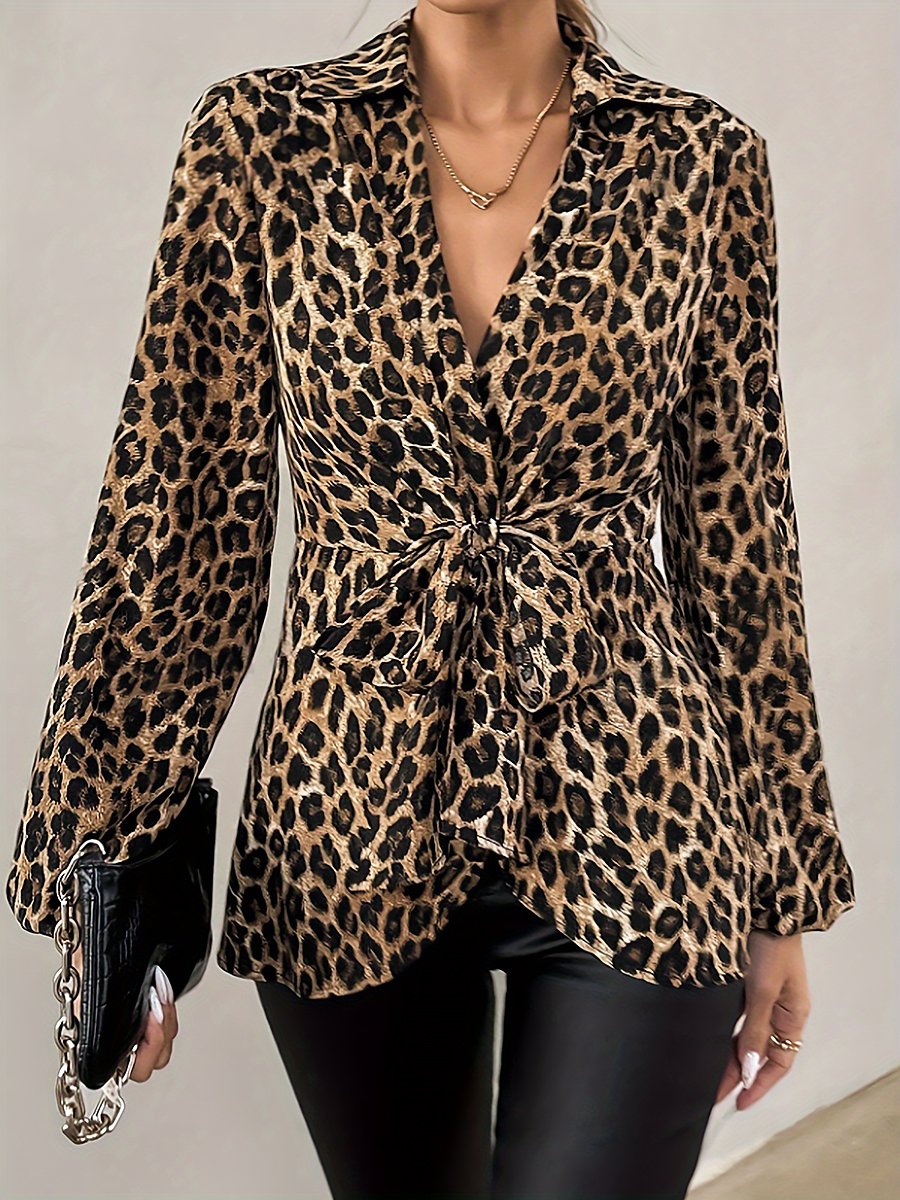 Leopard Print Lace-Up V-Neck Temperament Long Sleeve Shirt