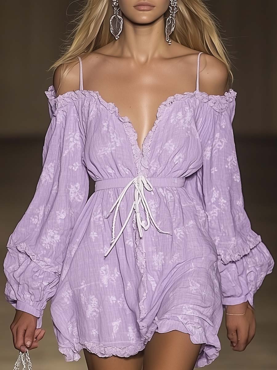 Fashionable Off-shoulder Lace-up Floral Print Lavender Mini Dress