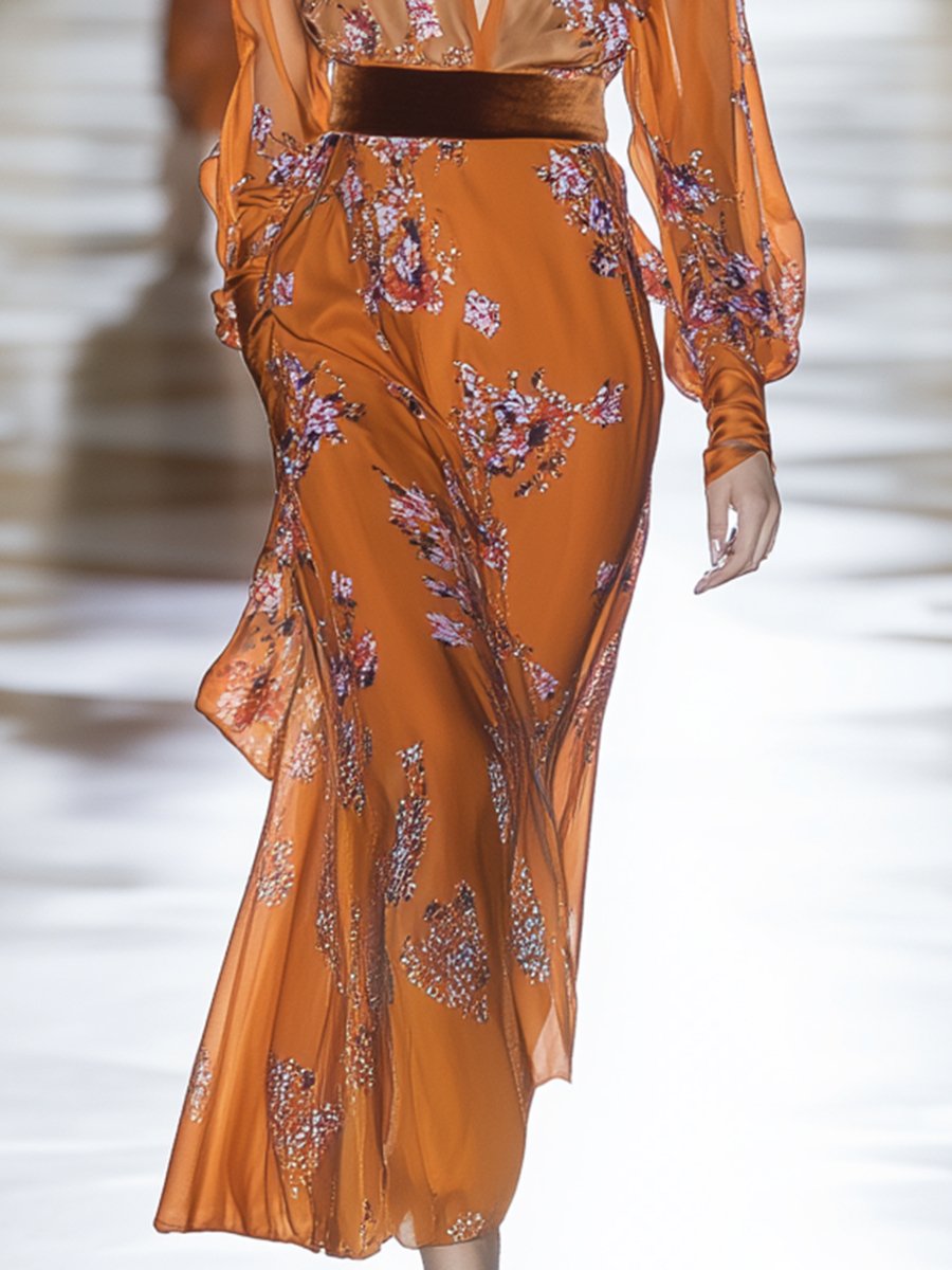 Romantic and Charming V-neck Printed Orange Chiffon Puff Sleeve Midi Dress