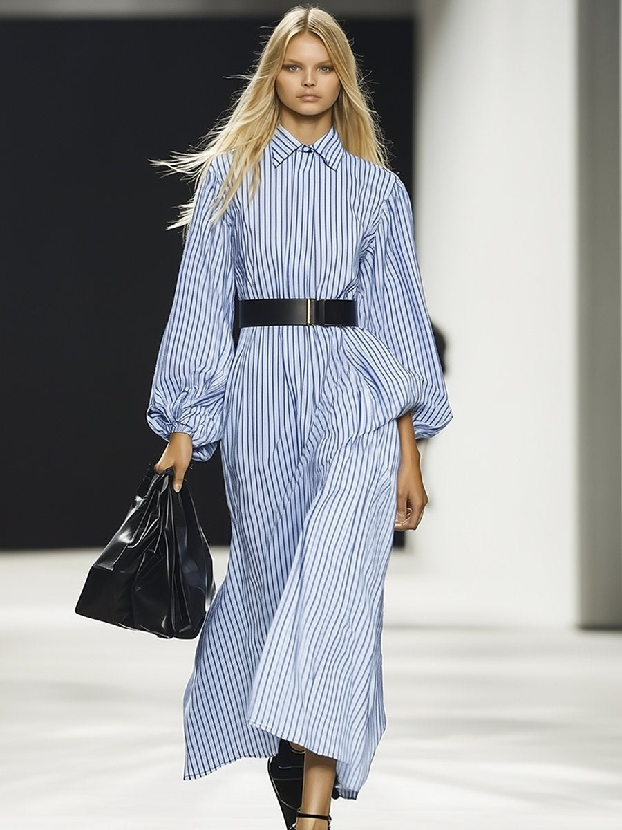 Classic Cotton Blue And White Striped Long Sleeve Maxi Dress