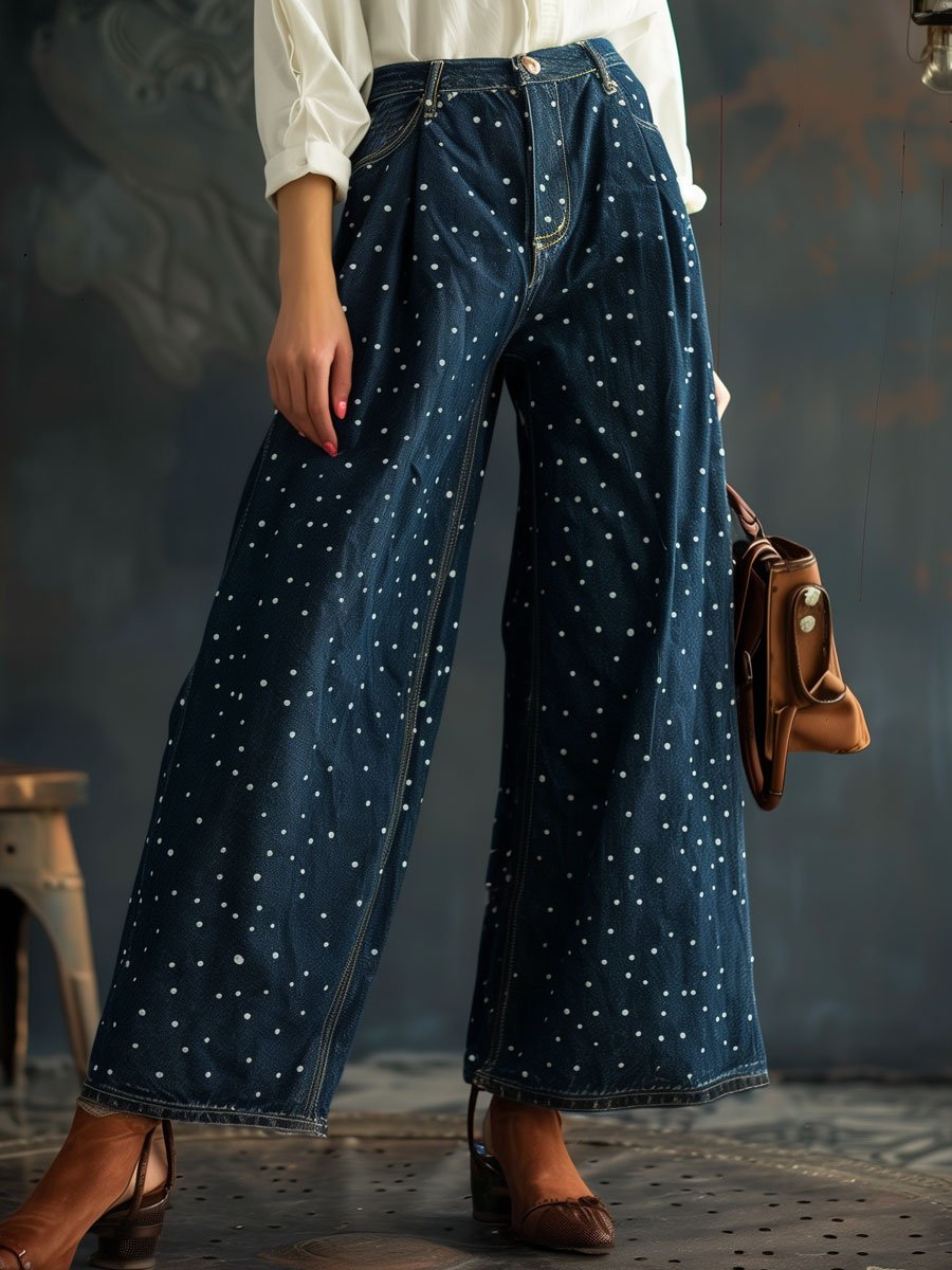 Casual Retro Polka Dot Ink Pocket Wide Leg Jeans