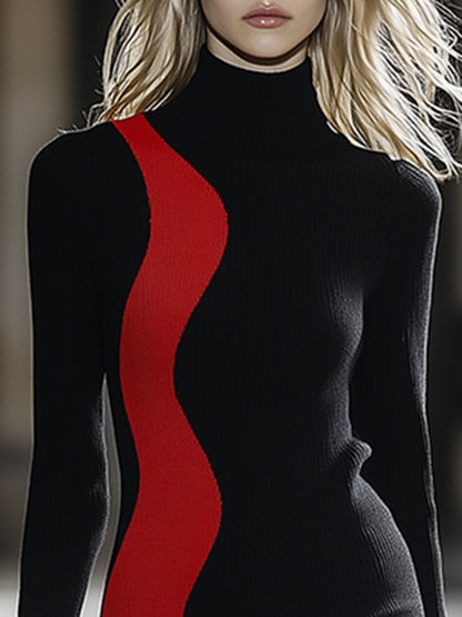 【24-hour shipping】High-End Fashionable Red And Black Color Matching High-Neck Knitted Dress