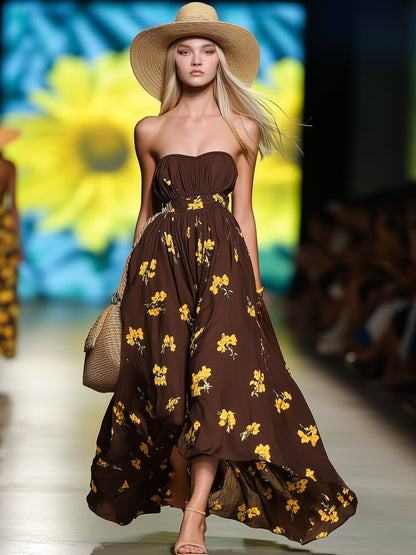 Romantic Vacation Tube Top Printed Brown Maxi Dress