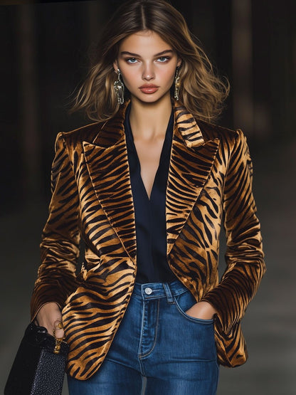 Casual Loose Vintage Velvet Zebra Print Lapel Blazer