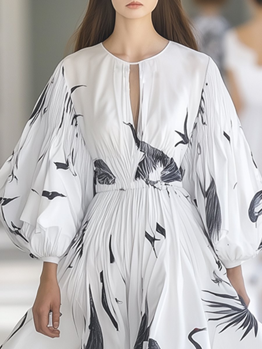 Casual and Fashionable Crane Print Lantern Sleeve White Maxi Dress