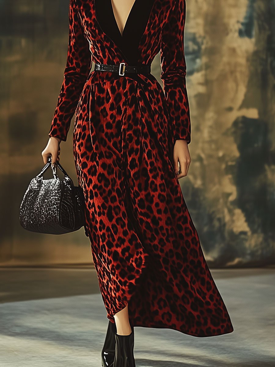 Velvet Leopard Print Lapel Long Sleeve Fashion Trench Coat Maxi Dress