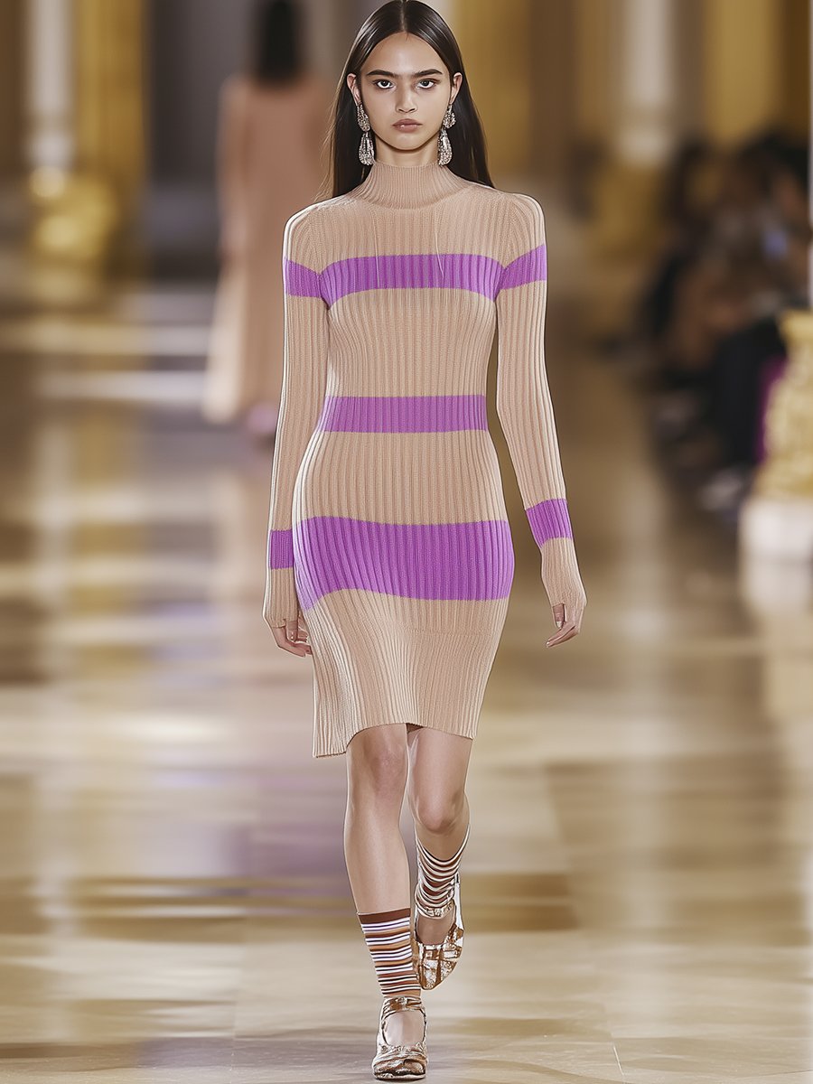 Elegant Mid-high Collar Pink and Purple Contrast Knitted Mini Dress