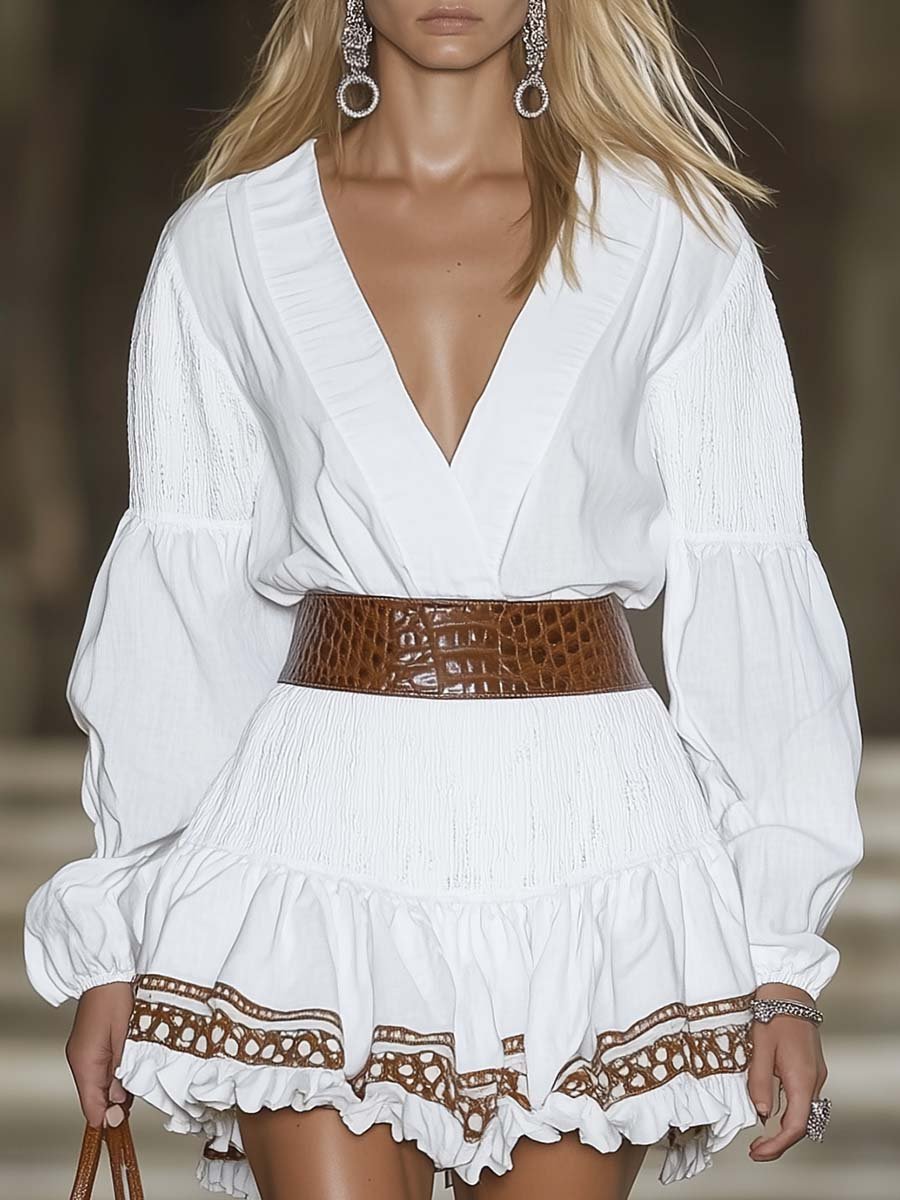 Bohemian Style V-neck Crocodile Leather Patchwork White Mini Dress