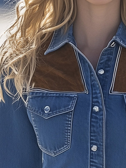 Retro Casual Fashionable Suede Patchwork Denim Shirt