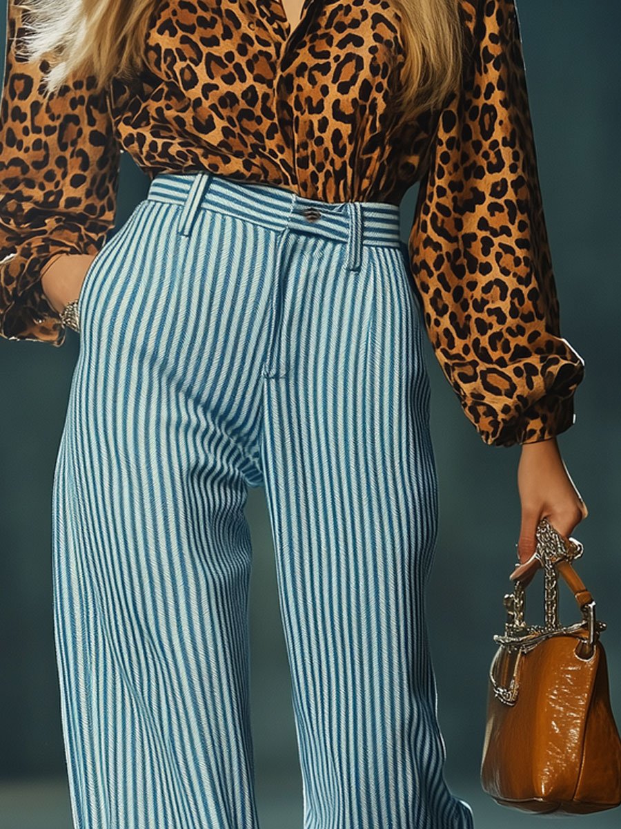 Casual Loose Striped High Waist Pocket Straight Pants