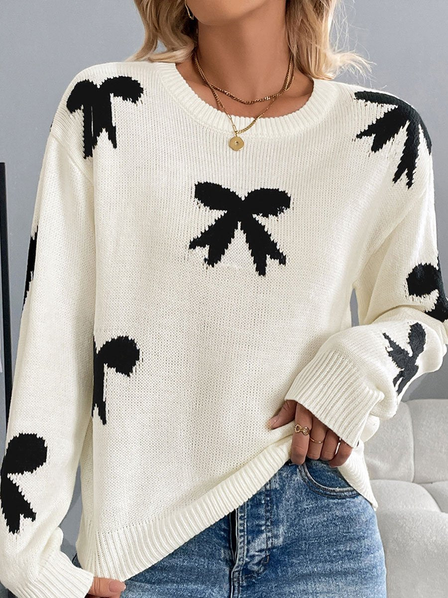 Casual Loose Round Neck Bow Jacquard Pullover Sweater