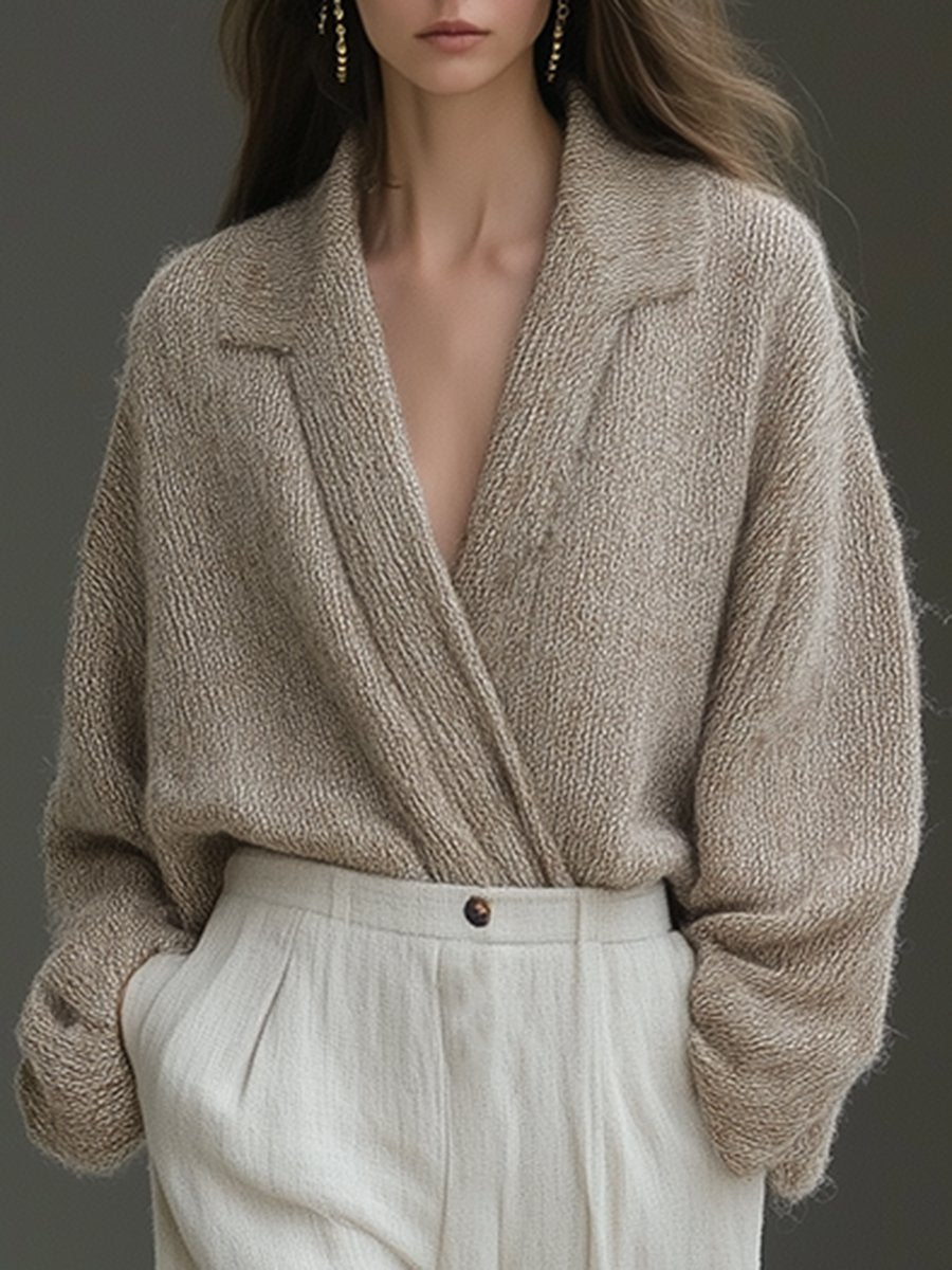 Lazy High-End Oatmeal V-Neck Dropped Shoulder Knitted Cardigan