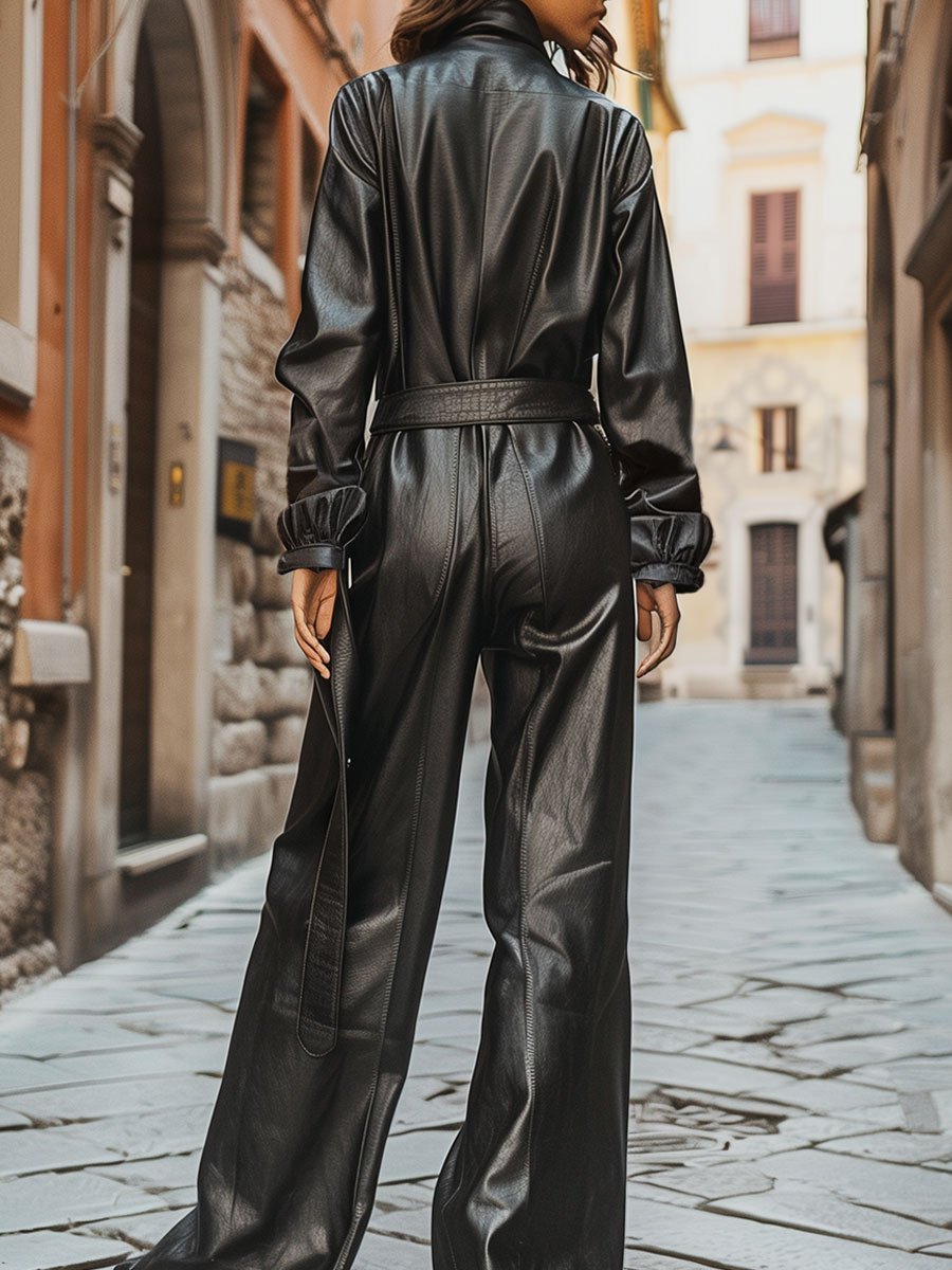 Relaxed Loose Belted Long Sleeve Leather Jumpsuit