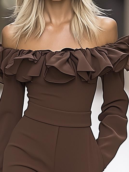 Elegant Off-The-Shoulder Ruffled Neckline Long-Sleeved Jumpsuit