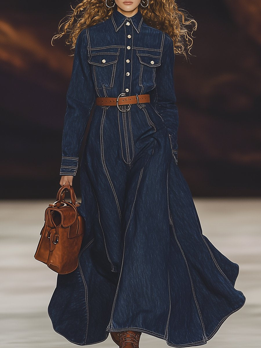 Fashionable Casual Long Sleeve Denim Blue Maxi Dress