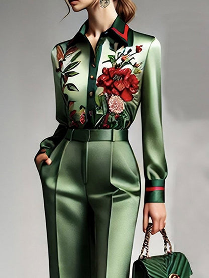 Fashionable Commuter Satin Floral Stripe Print Long-Sleeved Shirt And Pants Set