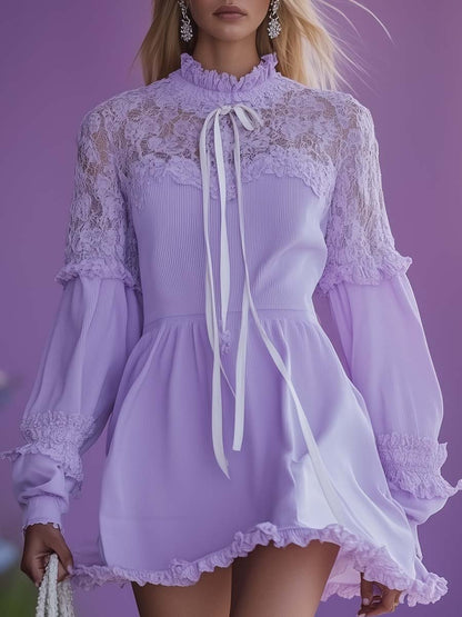 Elegant Lotus Leaf Half High Collar Lace Stitching Lavender Mini Dress