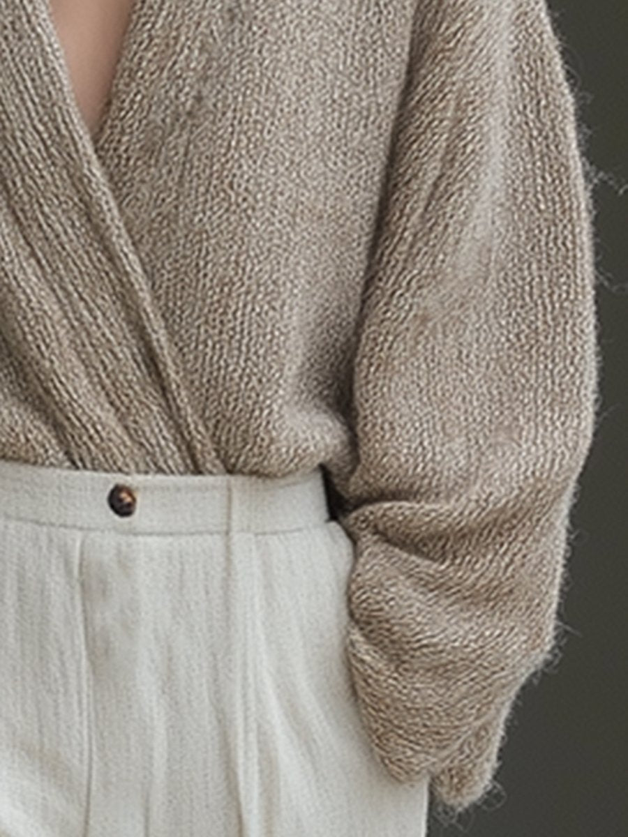 Lazy High-End Oatmeal V-Neck Dropped Shoulder Knitted Cardigan