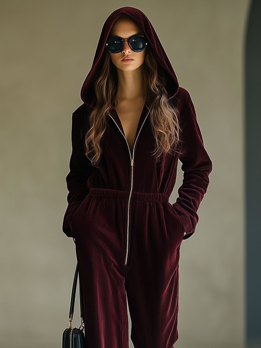 Casual Loose Vintage Corduroy Elastic Waist Zipper Hooded Jumpsuit