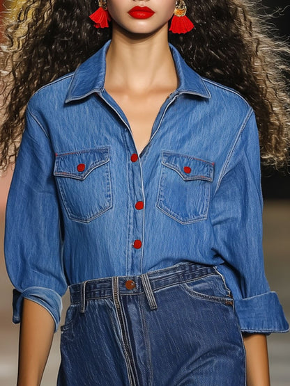 Casual Loose Retro Red Button Blue Denim Mid Sleeve Blouse