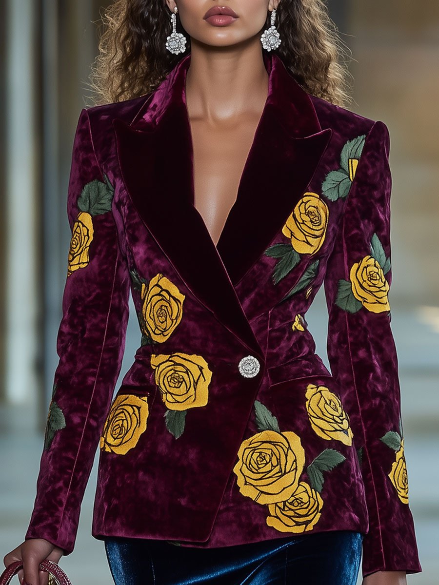 Casual Loose Vintage Ankola Red Velvet Rose Print Blazer