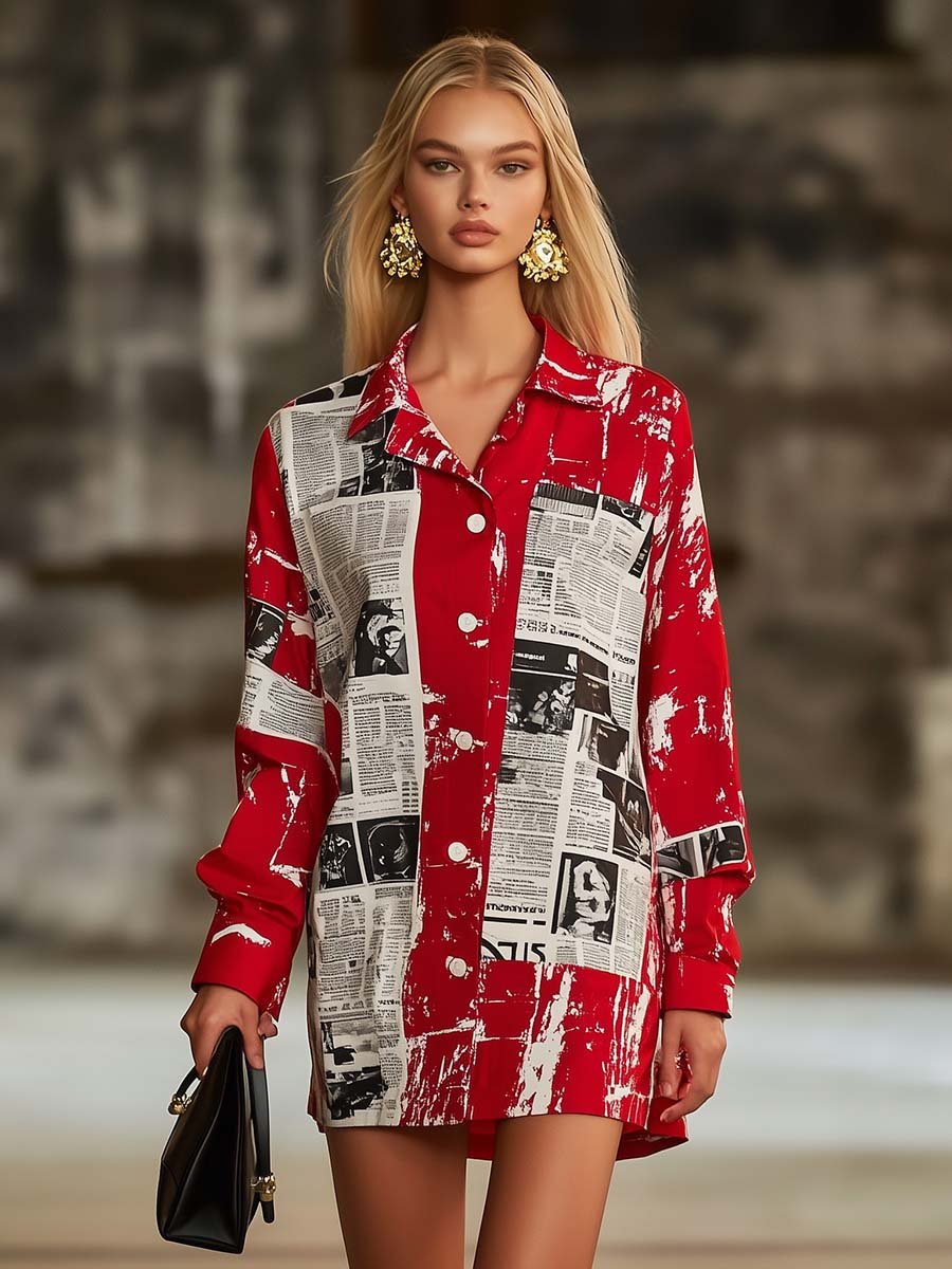 Fashionable Personalized Newspaper Print Red Loose Shirt Style Mini Dress